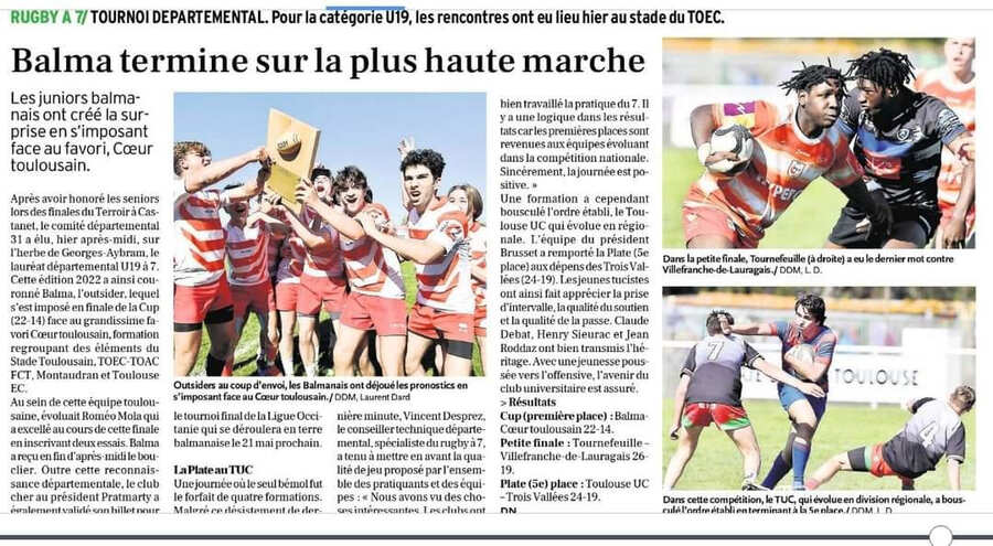 Article du journal La Dépêche sur le tournoi de rugby Seven haute-Garonne