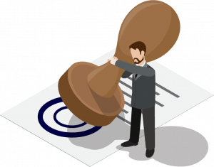 illustration 3d d'un administratif qui met un tampon sur le document officiel du dépôt des statuts de l'association du TUC Rugby